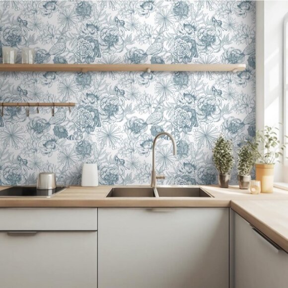 Floral Peel and Stick Wallpaper Rolls Blue White Contact Paper Bloom 8 available - Picture 3 of 11